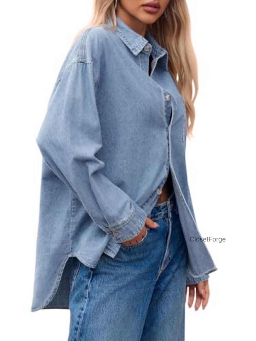 Oversized Denim Shirt Jacket Cotton Long Sleeve Button Down - Picture 4 of 6